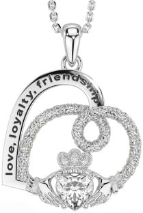 Diamond White Gold Celtic Claddagh Heart Irish "Love, Loyalty, & Friendship" Necklace