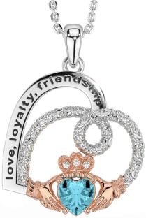 Diamond Aquamarine White Rose Gold Celtic Claddagh Heart Irish "Love, Loyalty, & Friendship" Necklace