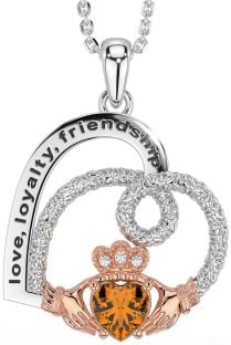 Diamond Citrine White Rose Gold Celtic Claddagh Heart Irish "Love, Loyalty, & Friendship" Necklace