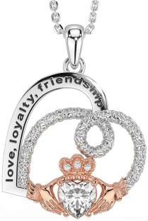 Diamond White Rose Gold Celtic Claddagh Heart Irish "Love, Loyalty, & Friendship" Necklace