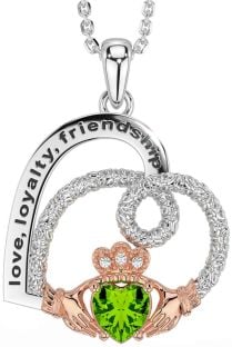 Diamond Peridot White Rose Gold Celtic Claddagh Heart Irish "Love, Loyalty, & Friendship" Necklace