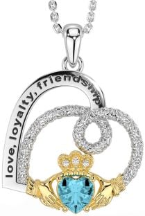 Diamond Aquamarine White Yellow Gold Celtic Claddagh Heart Irish "Love, Loyalty, & Friendship" Necklace