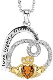 Diamond Citrine White Yellow Gold Celtic Claddagh Heart Irish "Love, Loyalty, & Friendship" Necklace