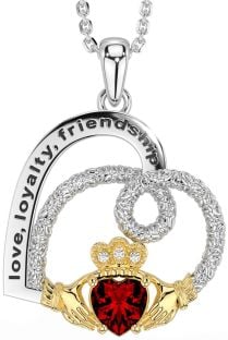 Diamond Garnet White Yellow Gold Celtic Claddagh Heart Irish "Love, Loyalty, & Friendship" Necklace