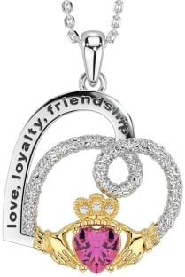 Diamond Pink Tourmaline White Yellow Gold Celtic Claddagh Heart Irish "Love, Loyalty, & Friendship" Necklace