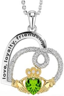 Diamond Peridot White Yellow Gold Celtic Claddagh Heart Irish "Love, Loyalty, & Friendship" Necklace