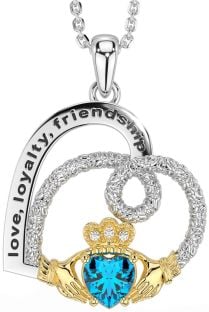 Diamond Topaz White Yellow Gold Celtic Claddagh Heart Irish "Love, Loyalty, & Friendship" Necklace