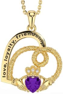 Diamond Amethyst Gold Celtic Claddagh Heart Irish "Love, Loyalty, & Friendship" Necklace