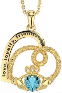 Diamond Aquamarine Gold Celtic Claddagh Heart Irish "Love, Loyalty, & Friendship" Necklace