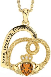 Diamond Citrine Gold Celtic Claddagh Heart Irish "Love, Loyalty, & Friendship" Necklace