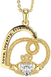 Diamond Gold Celtic Claddagh Heart Irish "Love, Loyalty, & Friendship" Necklace