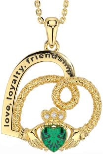 Diamond Emerald Gold Celtic Claddagh Heart Irish "Love, Loyalty, & Friendship" Necklace