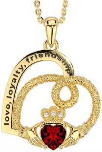 Diamond Garnet Gold Celtic Claddagh Heart Irish "Love, Loyalty, & Friendship" Necklace