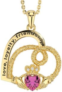 Diamond Pink Tourmaline Gold Celtic Claddagh Heart Irish "Love, Loyalty, & Friendship" Necklace