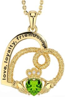 Diamond Peridot Gold Celtic Claddagh Heart Irish "Love, Loyalty, & Friendship" Necklace