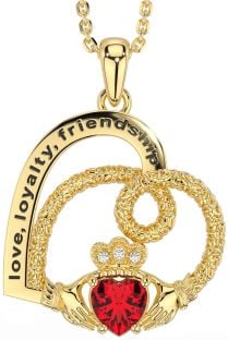 Diamond Ruby Gold Celtic Claddagh Heart Irish "Love, Loyalty, & Friendship" Necklace