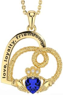 Diamond Sapphire Gold Celtic Claddagh Heart Irish "Love, Loyalty, & Friendship" Necklace