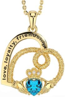 Diamond Topaz Gold Celtic Claddagh Heart Irish "Love, Loyalty, & Friendship" Necklace