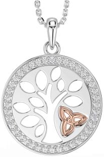 Diamond Rose Gold Silver Celtic Tree of Life Trinity Knot Necklace