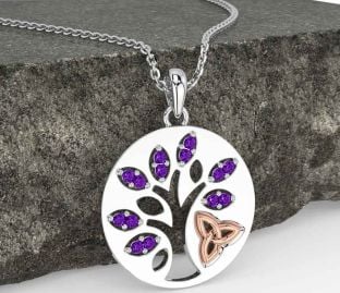Amethyst Rose Gold Silver Celtic Tree of Life Trinity Knot Necklace