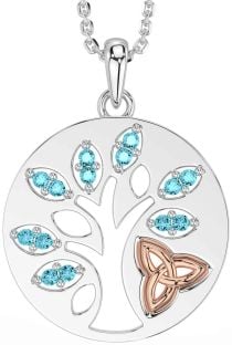 Aquamarine Rose Gold Silver Celtic Tree of Life Trinity Knot Necklace