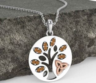 Citrine Rose Gold Silver Celtic Tree of Life Trinity Knot Necklace