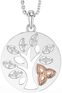 Diamond Rose Gold Silver Celtic Tree of Life Trinity Knot Necklace