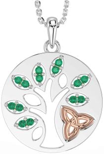 Emerald Rose Gold Silver Celtic Tree of Life Trinity Knot Necklace