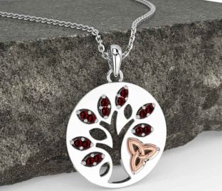 Garnet Rose Gold Silver Celtic Tree of Life Trinity Knot Necklace