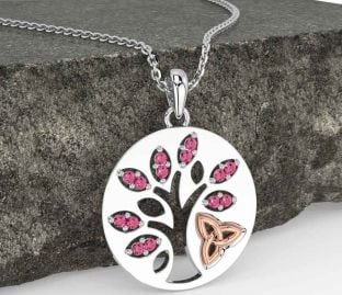 Pink Tourmaline Rose Gold Silver Celtic Tree of Life Trinity Knot Necklace