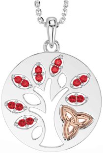 Ruby Rose Gold Silver Celtic Tree of Life Trinity Knot Necklace