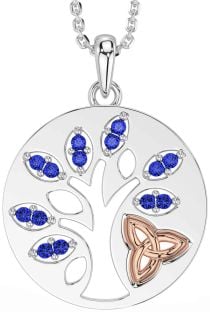 Sapphire Rose Gold Silver Celtic Tree of Life Trinity Knot Necklace