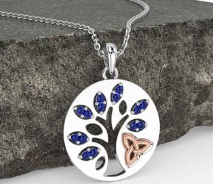 Sapphire Rose Gold Silver Celtic Tree of Life Trinity Knot Necklace