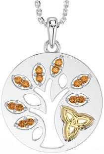 Citrine Gold Silver Celtic Tree of Life Trinity Knot Necklace