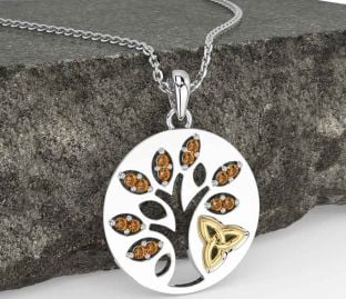 Citrine Gold Silver Celtic Tree of Life Trinity Knot Necklace