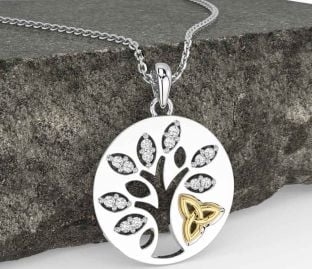 Diamond Gold Silver Celtic Tree of Life Trinity Knot Necklace