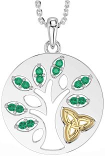 Emerald Gold Silver Celtic Tree of Life Trinity Knot Necklace