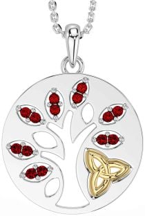 Garnet Gold Silver Celtic Tree of Life Trinity Knot Necklace