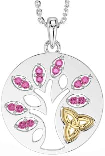 Pink Tourmaline Gold Silver Celtic Tree of Life Trinity Knot Necklace