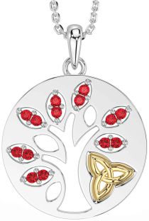 Ruby Gold Silver Celtic Tree of Life Trinity Knot Necklace