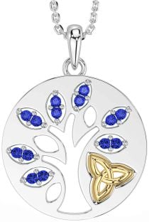 Sapphire Gold Silver Celtic Tree of Life Trinity Knot Necklace