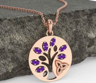 Amethyst Rose Gold Silver Celtic Tree of Life Trinity Knot Necklace