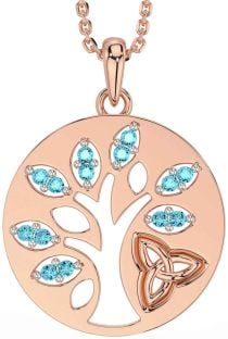 Aquamarine Rose Gold Silver Celtic Tree of Life Trinity Knot Necklace