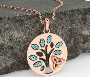 Aquamarine Rose Gold Silver Celtic Tree of Life Trinity Knot Necklace