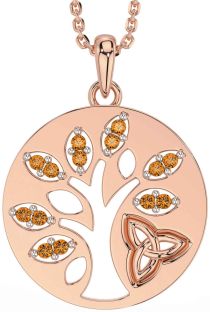 Citrine Rose Gold Silver Celtic Tree of Life Trinity Knot Necklace