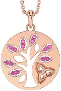 Pink Tourmaline Rose Gold Silver Celtic Tree of Life Trinity Knot Necklace