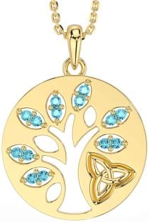 Aquamarine Gold Silver Celtic Tree of Life Trinity Knot Necklace