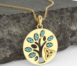 Aquamarine Gold Silver Celtic Tree of Life Trinity Knot Necklace