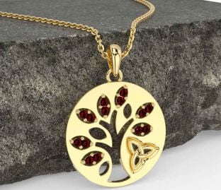 Garnet Gold Silver Celtic Tree of Life Trinity Knot Necklace