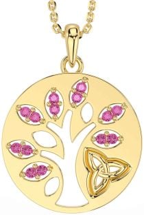 Pink Tourmaline Gold Silver Celtic Tree of Life Trinity Knot Necklace